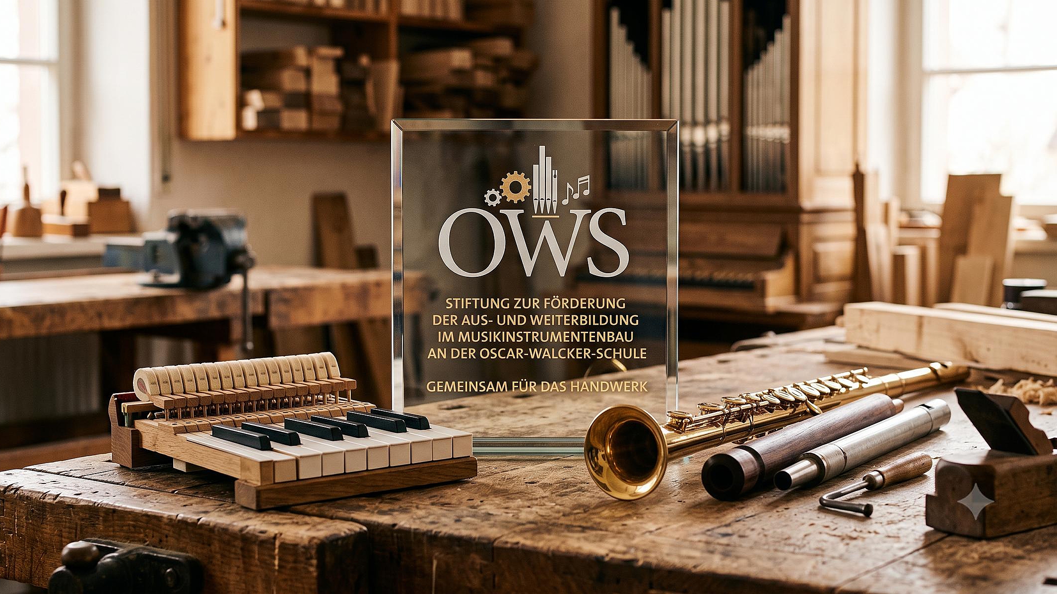 Musikinstrumentenbau-Werkzeuge und Gravur-Stele der OWS-Förderstiftung.