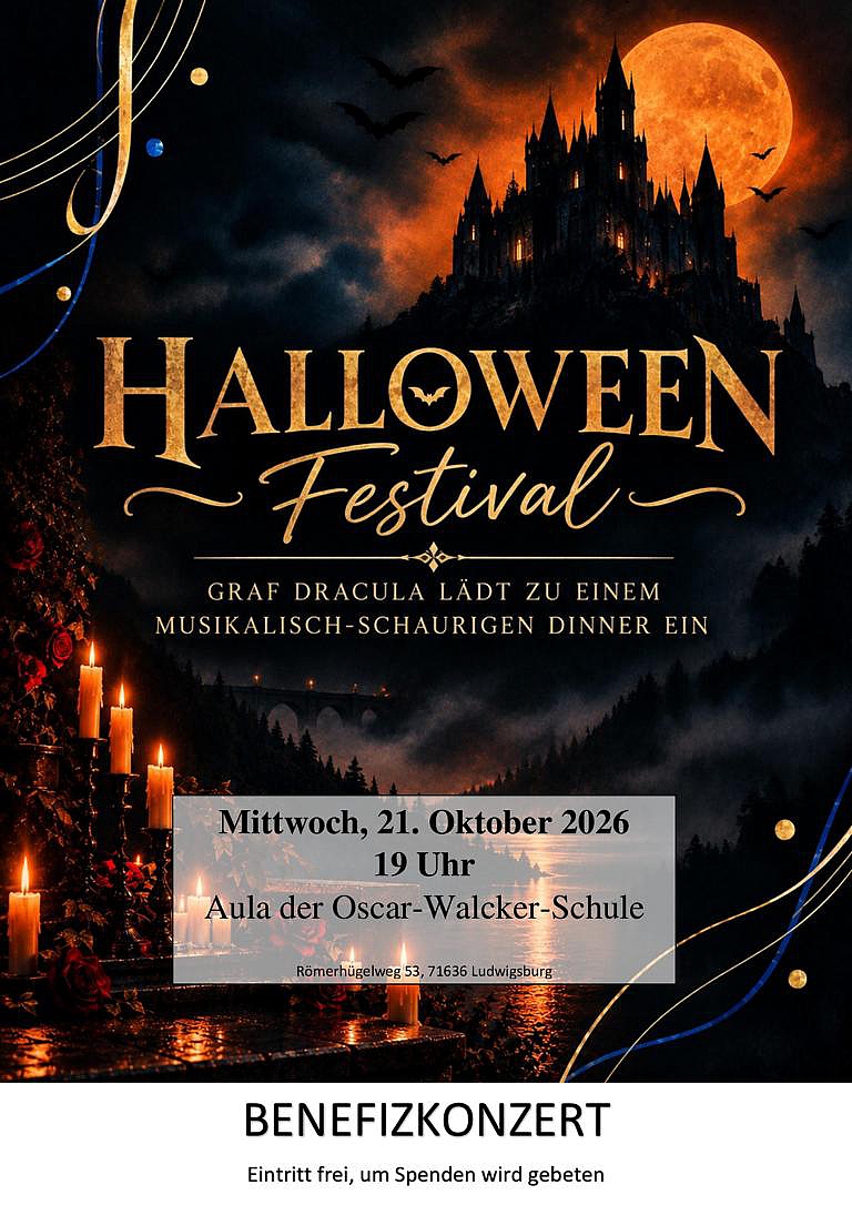 Veranstaltungsplakat zum Dracula- und Halloween-Konzert der Musikschule Filderstadt in der Aula der OWS